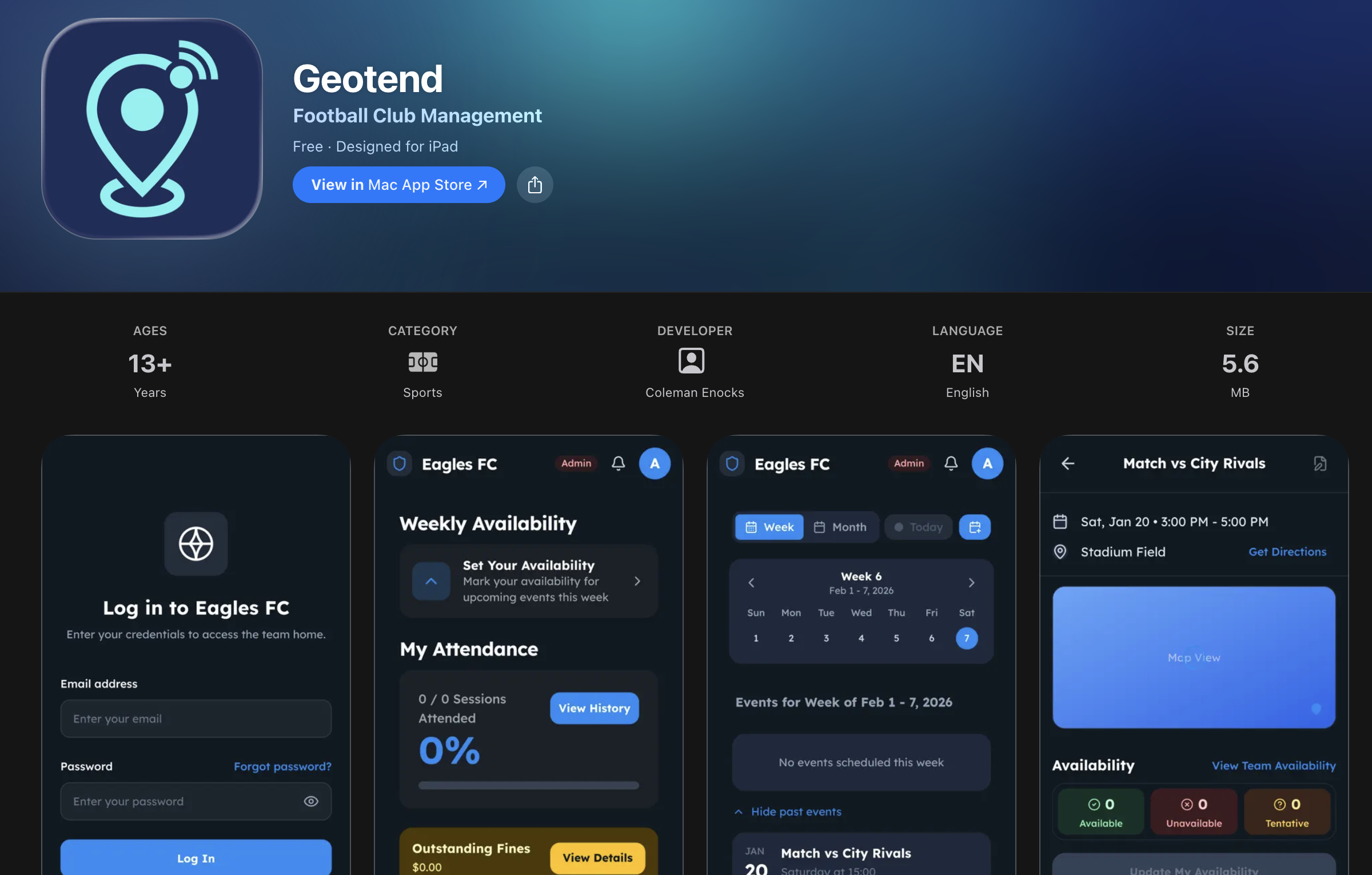 Screens showing Geotend football club attendance management app.